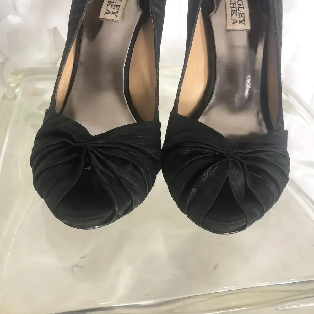 Badgley Mischka Black satin peep toe heels size 7 M Cocktail Party Wedding